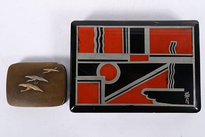 Two Art Deco boxes: Japanese brass cigarette case / trinket box with mixed metal crane bird 