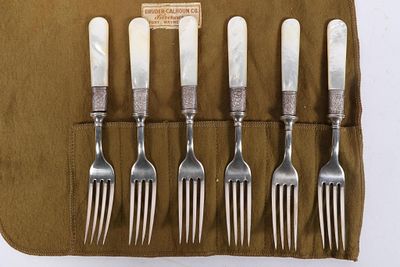 Landers Frary & Clark mother-of-pearl and sterling silver handled dinner forks 7"H x 3/4"W (one)