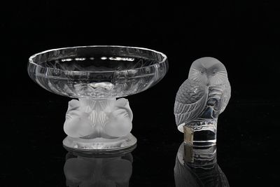 Lalique France crystal, 2pc: "Nogent" pedestal bowl with frosted sparrow bird base, "Chouette" 