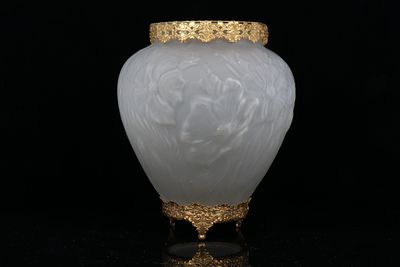 Art Nouveau Tiffin? frosted glass poppy vase with brass ormolu 9 H X 5 1/4 D