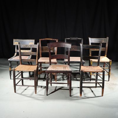 Seven antique cane and woven rush seat chairs with stenciled designs: Hitchcock style chairs 