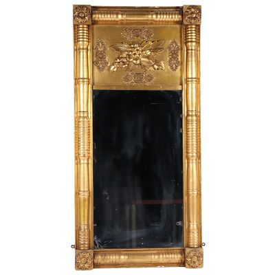 Antique American Empire gilt pier mirror with fruit cluster and rosettes 42"H x 20 5/8"W