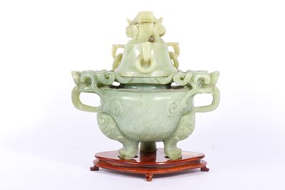 Chinese carved jade lidded censer with dragon figures 13"H x 11 1/2"W x 7 1/2"D