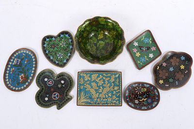 Collection of Chinese cloisonne enamel trinket dishes / trays, 8pc 2"H x 5"Diam. (Largest)