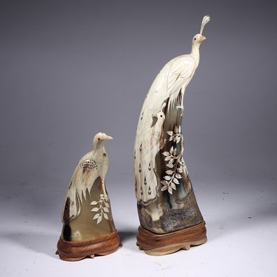 Pair of vintage carved water buffalo horn peacock sculptures 15 3/4"H x 5 3/4"W x 3 1/2"D (largest)