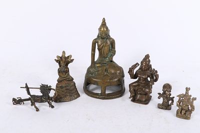 6pc. collection of miniature brass sculptures featuring Southeast Asian deities and figures: 