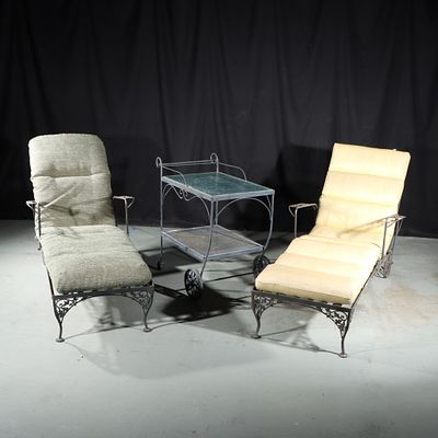 Woodard Briarwood? Saltarini? vintage wrought iron patio furniture, 3pc: two chaise lounges 