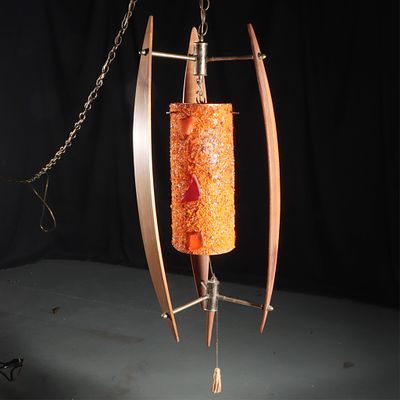 Vintage Mid Century Modern MCM wood and resin 1960s swag lamp in shades of orange 32 1/2"H x 12 