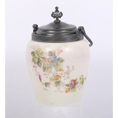 Van Bergh silver-plate company antique Victorian satin glass biscuit jar with hand-painted 