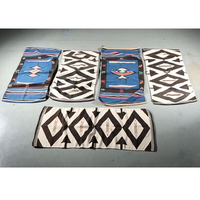 Five Chimayo geometric pattern blanket rug weavings. 51 1/2"H x 23 1/2"W (one). Five Chimayo 
