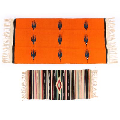 Two vintage Mexican wool textiles: Saltillo serape tapestry, thunderbird wall hanging weaving 