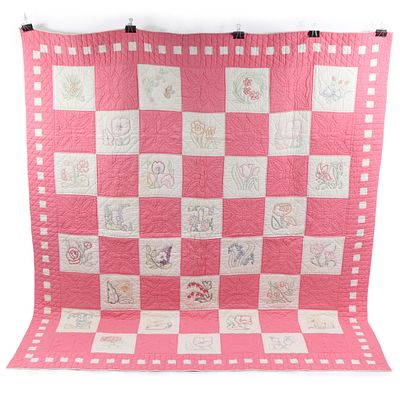 Vintage hand pieced quilt with alternating blocks of pink and needlework embroidery flowers 81 