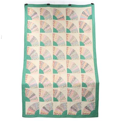 Vintage hand pieced multicolor fan pattern quilt 91"H x 57 3/4"W. Vintage hand pieced multicolor 