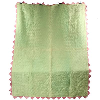 Vintage green and pink reversible quilt with zig zag edge 91 1/2"H x 72 1/2"W
