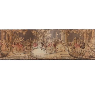 Antique French tapestry depicting dancing couples under night sky 19 1/4"H x 59"W