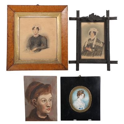 Antique / vintage female portrait painting group, 4pc: oil painting on board, 2 framed mixed 