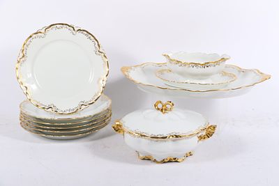 Habsburg China M&Z Austria porcelain dinnerware, 9pc: 6 dinner plates, gravy boat with 