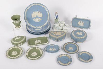 Collection of Wedgwood Jasperware pottery in blue and green and Gerold Porzellan Bavaria "Girl 
