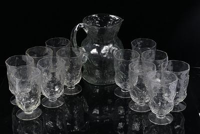 Seneca Driftwood Clear pattern pitcher and 12 water goblets 8"H x 5"Diam. (pitcher)