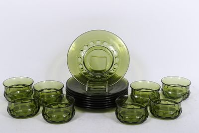 Indiana Glass Company thumbprint/Kings Crown pattern dishes, 16pc: 8 salad plates and 8 dessert 