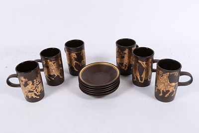 Set of 6 Purbeck Pottery "Medieval Pursuits" cup and saucers with gilt decoration, 1960s 4 