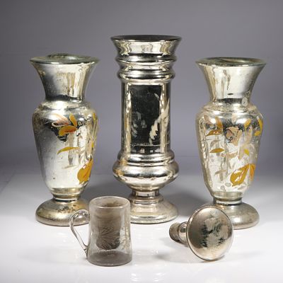 Vintage mercury glass, 5pc: 3 vases, cup, stopper 12"H x 5"Diam. (largest)