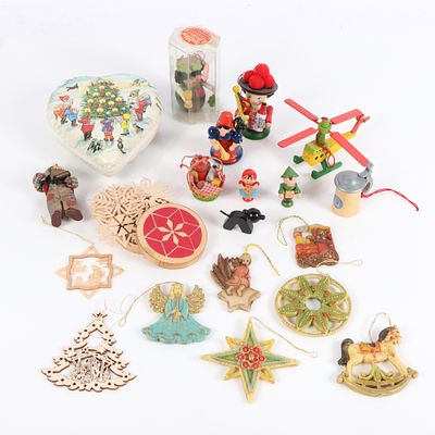 Collection of vintage German Christmas holiday ornaments: including Steinbach wooden ornaments 