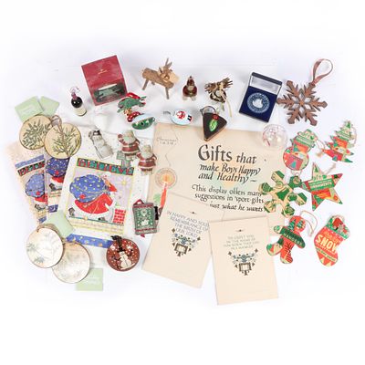 Assorted Christmas collectibles, featuring two N.C. Wyeth holiday cards, c. 1923 14"H x 8"W 