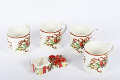 Tiffany & Co. 4pc. Holiday Garland mugs with a matching small trinket box 3 1/2H x 3 1/4Diam. 