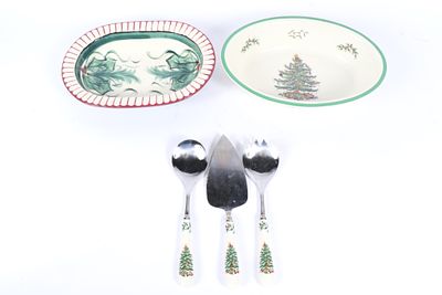 Christmas holiday tableware, 5pc: Spode Christmas Tree casserole dish and 3 serving utensils; 