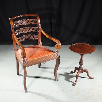 English Regency period mahogany desk chair with a ostrich leather drop-in seat and Chippendale 