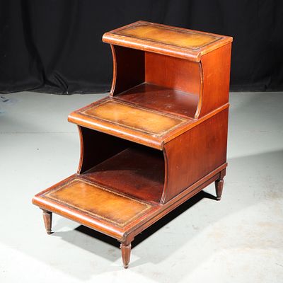 Vintage mahogany and leather library / bed steps with gold foil accents. 28 3/4H x 18W x 28D