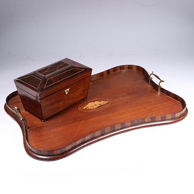 Antique Edwardian inlaid mahogany gallery serving tray with conch shell motif and English 