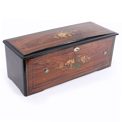 Antique Swiss 13.75 inch cylinder rosewood music box with floral marquetry inlay. Plays 8 