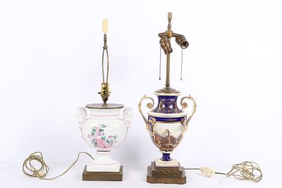 Two antique Continental hand-painted porcelain urn table lamps: German KPM? urn with floral 