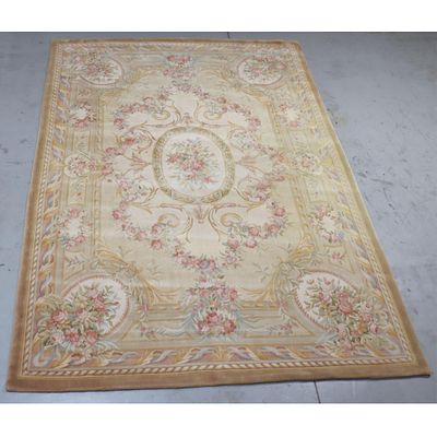 French Aubusson style yellow and floral medallion estate area rug, 14x10. 169"H x 117"W. French 