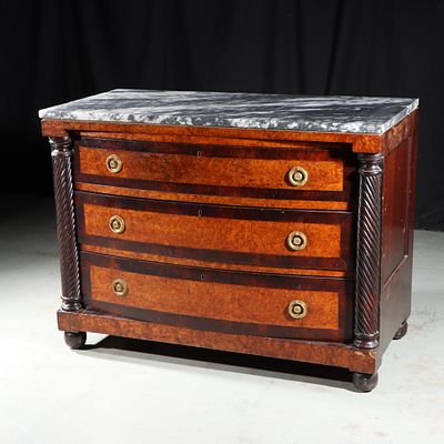 French Empire 19th Century flame mahogany marble top 3 drawer commode chest of drawers. 32H x 