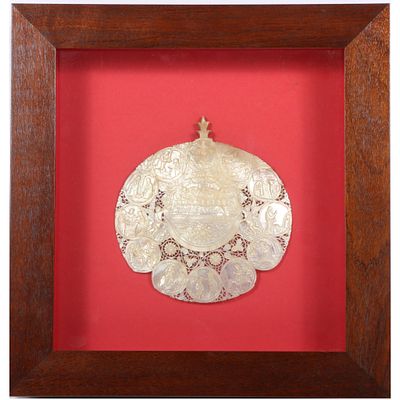 Antique inticately carved and reticulated mother of pearl plaque from Jerusalem depicting 