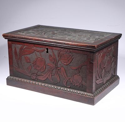 Jacobean style carved wooden Bible lock box chest with tulip floral motif 9 1/2"H x 18"W x 11"D