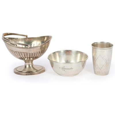 Antique sterling silver 3pc. group: bowl inscribed "Amanda", etched Austro Hungarian beaker cup 