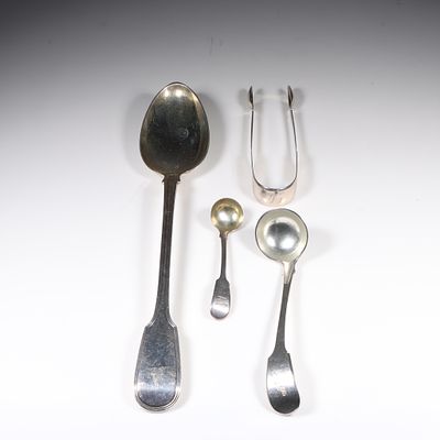 English sterling silver 4pc.; Stuffing spoon Wm. Eley/Fearn, London 1819, George III sugar 