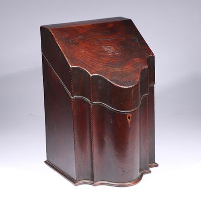 Antique Georgian inlaid mahogany knife cutlery box with serpentine front and sloped hinged lid 