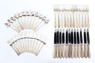 S. Kirk & Son, Repousse floral sterling silver partial dinner flatware service for 12. 8 1/2"H 