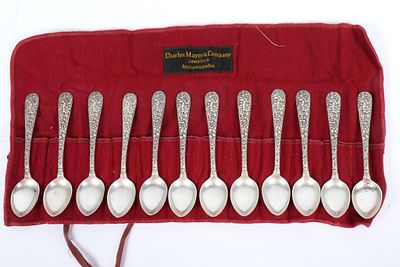 S. Kirk & Son Stieff Rose Repousse sterling silver fruit spoons, 12pc set 4 1/4"H x 3/4"W (One). 