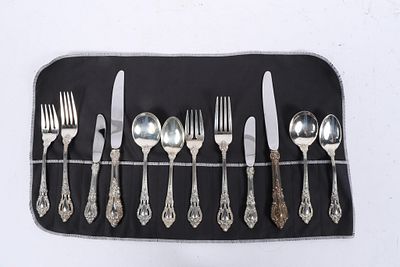 Eloquence by Lunt sterling silver flatware dinner set with stainless steel knife blades; two 