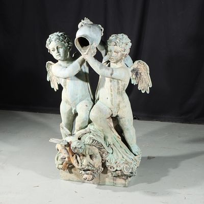 French / Italian Belle Epoque / Neoclassical zinc metal fountain with cherub / putti figures 
