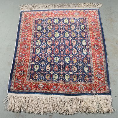 Persian estate silk accent rug carpet with paisley pattern on blue ground. 27 x 46 (with fringe)