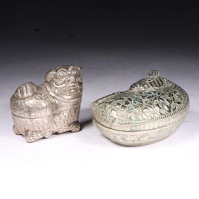 Cambodian silver animal form repousse betel figural boxes: foo dog, qilin. 2H x 3W x 2D 