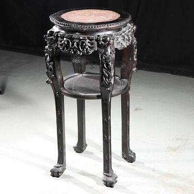 Chinese Qing Dynasty ornately carved floral marble top hardwood pedestal side table stand 32 