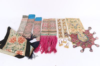 Antique Chinese embroidered silk textiles: sleeves, cloud collar, set of 3 Japanese Seven Gods 